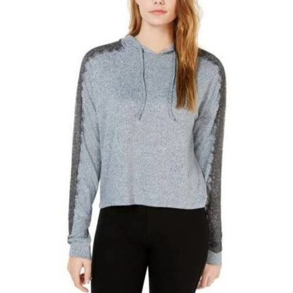Ultra Flirt Marled Lace Trim Hooded Pullover Top - Picture 1 of 7